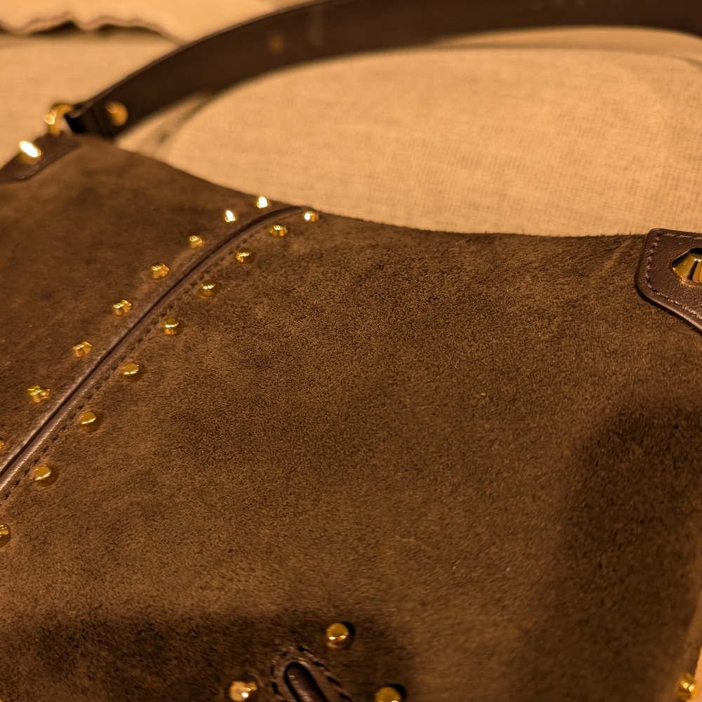 Michael Kors Chocolate Brown Suede Shoulder Bag with Gold Accents - Picture 7 of 9
